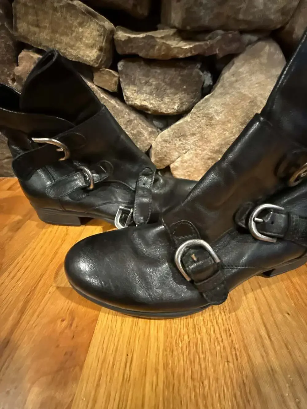Miz Mooz Verona Collection Black Leather Buckle Ankle Boots